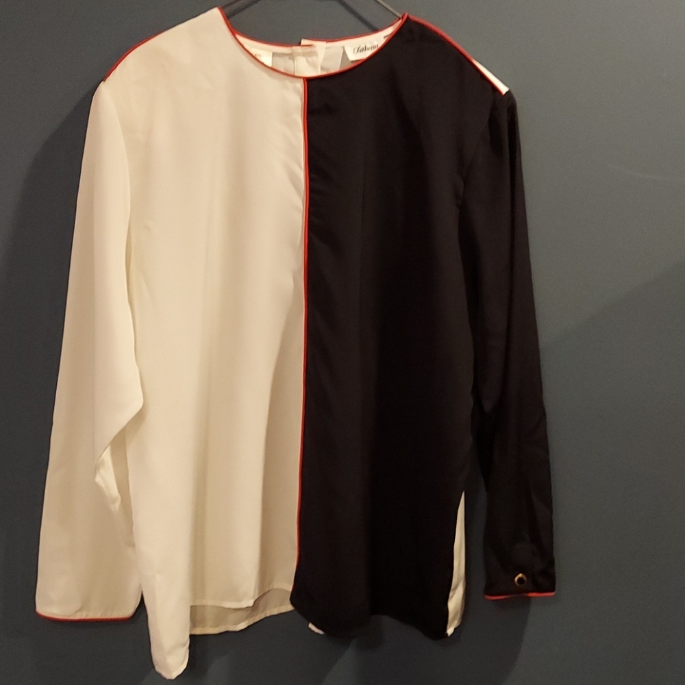 Vintage Tathena Black and White‎ Blouse Red Trim Size 16